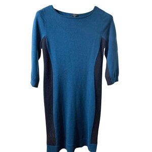 Ann Taylor Teal & Black Panel Sides Sweater Dress Sz M Wool Blend Quiet Luxury